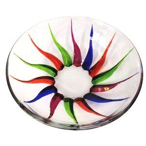 Venetian? Heavy Art Glass Crystal Sunburst Bowl Colorful Handpainted 9.5 in